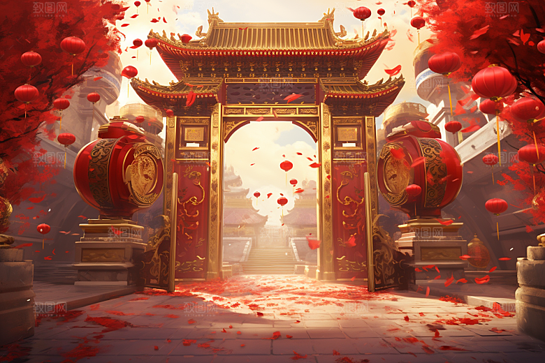 中式传统门楼开门红直播背景图