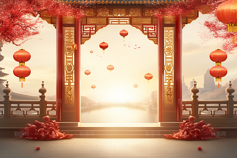 中式传统门楼直播开门红背景图