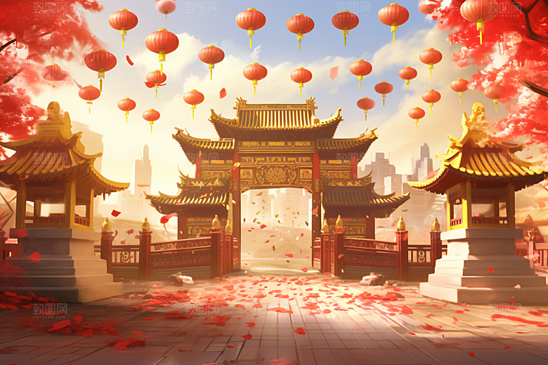 中式传统门楼开业大吉直播背景图