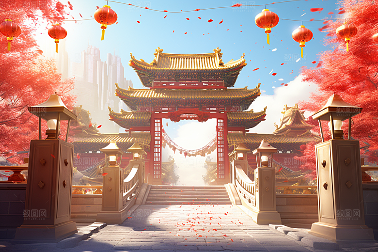 中式传统门楼喜庆开门红背景图
