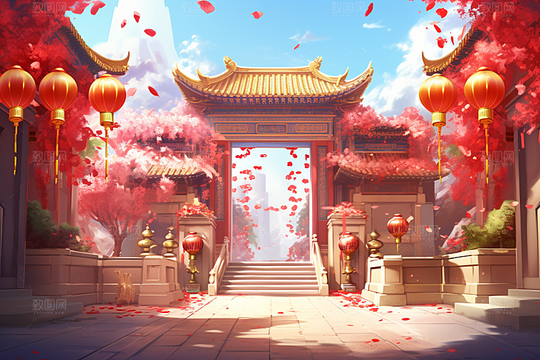 中式传统门楼开门红开业背景图