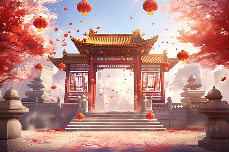 中式传统门楼开门红喜庆背景图