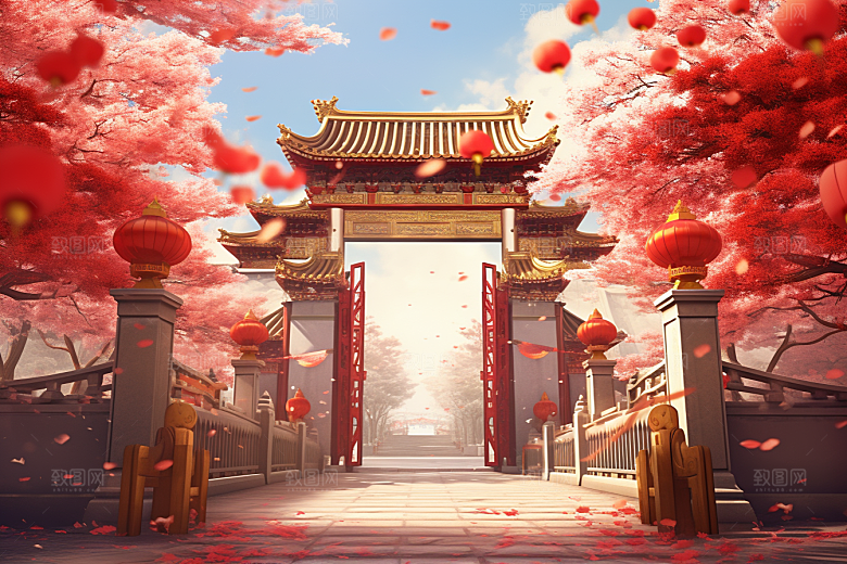 中式传统门楼开业大吉开业背景图
