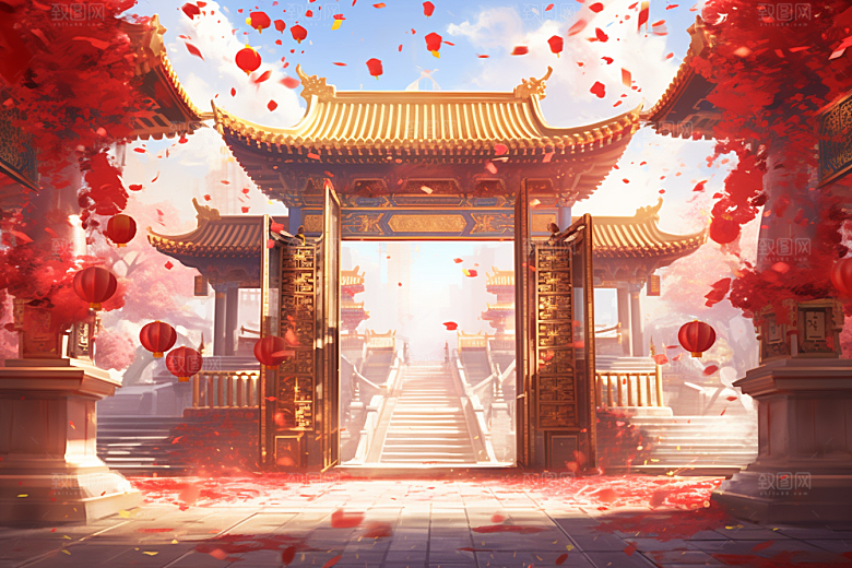 中式传统门楼火热国潮背景图