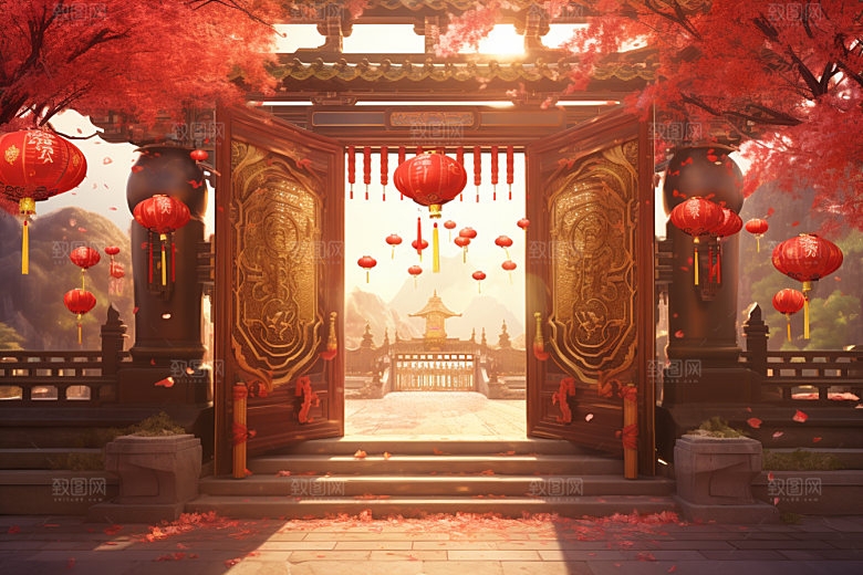 中式传统门楼中国风促销背景图