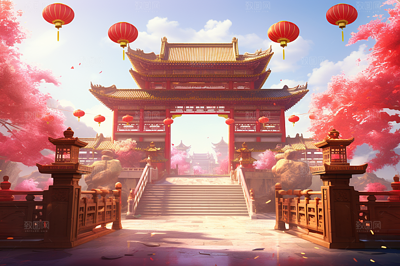 中式传统门楼直播开业大吉背景图