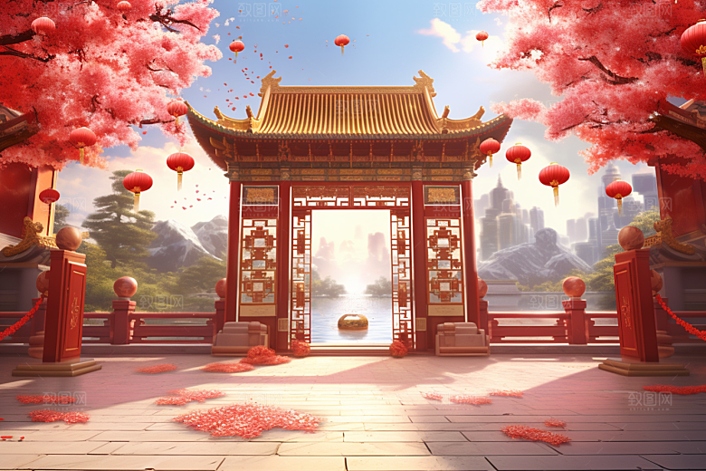中式传统门楼喜庆火热背景图