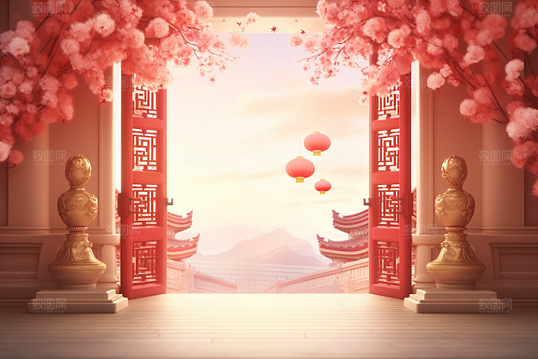 中式传统门楼开门红国潮背景图