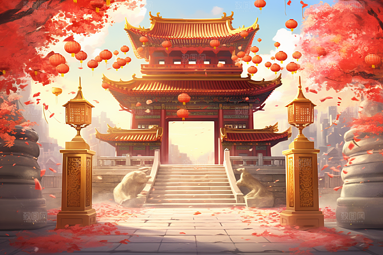 中式传统门楼热卖开门红背景图