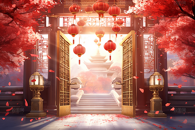 中式传统门楼国潮直播背景图