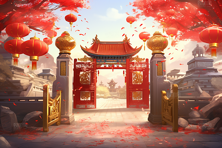 中式传统门楼国潮喜庆背景图