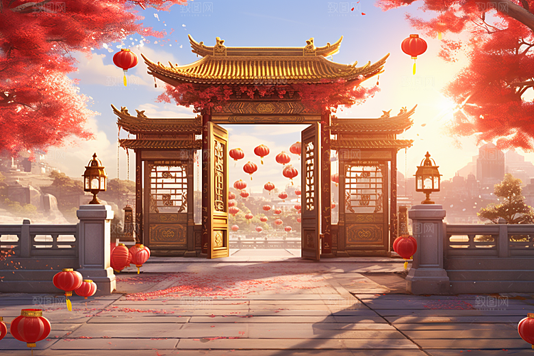 中式传统门楼开业大吉火热背景图