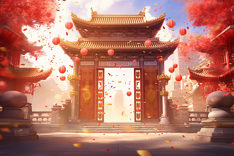 中式传统门楼火热开业背景图