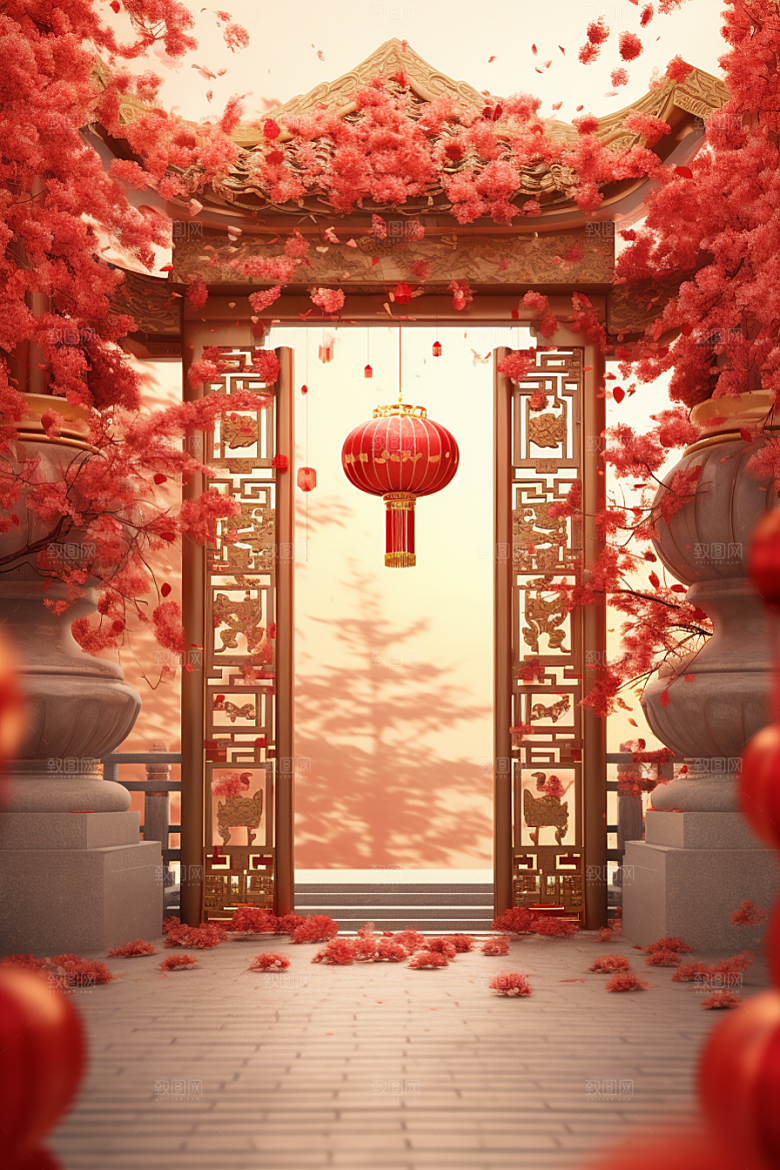 中式传统门楼促销直播背景图