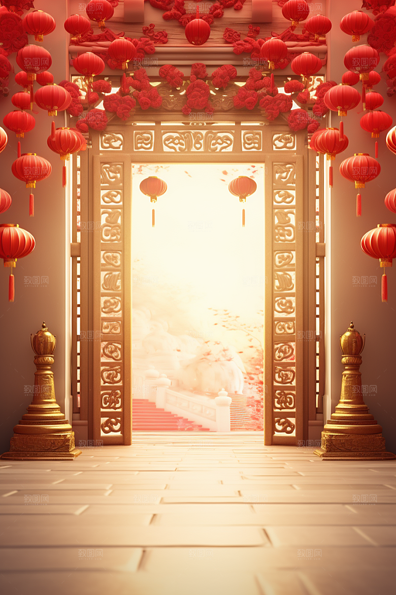 中式传统门楼开业火热背景图
