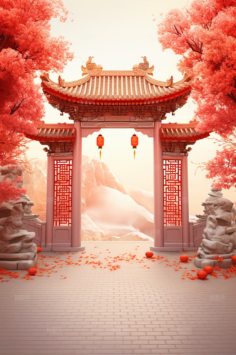 中式传统门楼促销国潮背景图