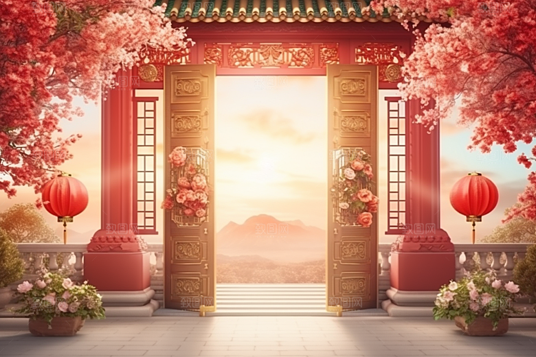 中式传统门楼开门红火热背景图