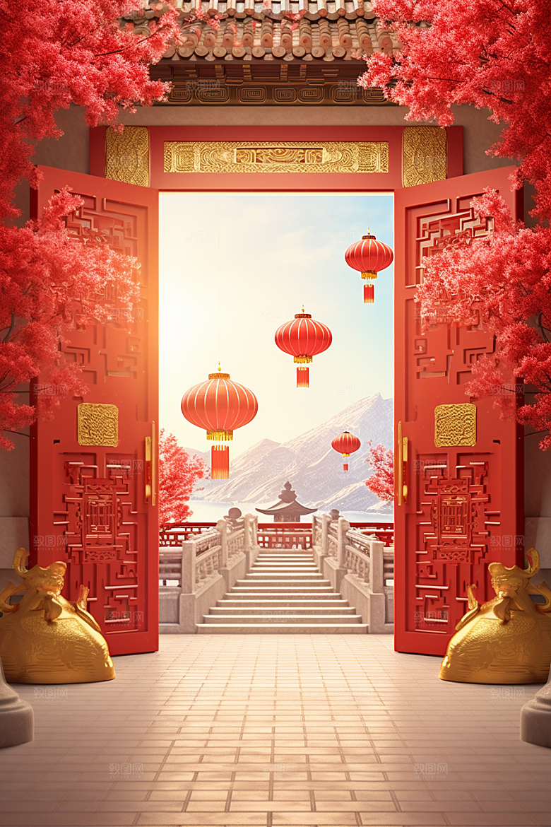 中式传统门楼开业促销背景图