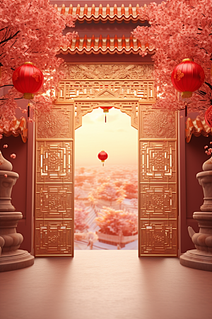 中式传统门楼喜庆开业大吉背景图