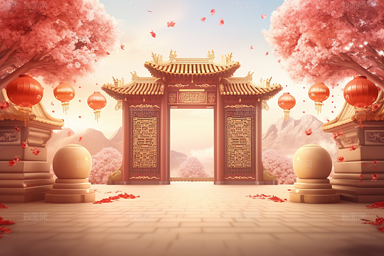 中式传统门楼促销喜庆背景图