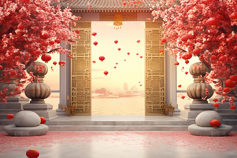 中式传统门楼火热促销背景图
