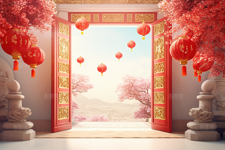 中式传统门楼开业直播背景图