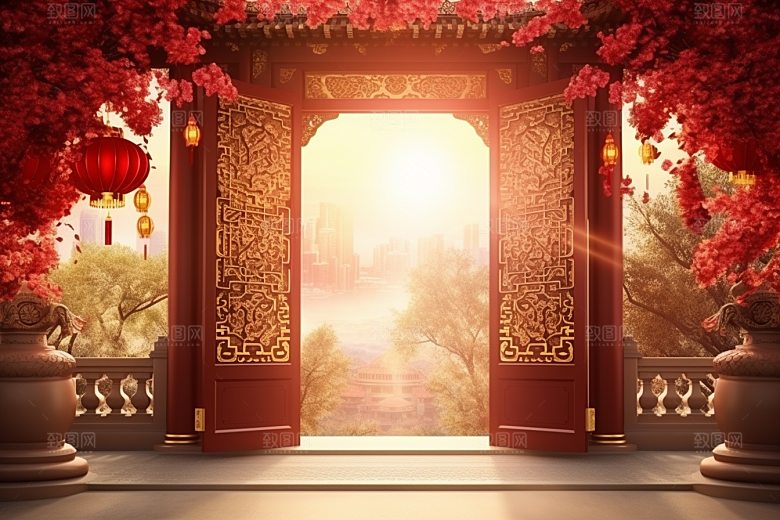中式传统门楼国潮喜庆背景图