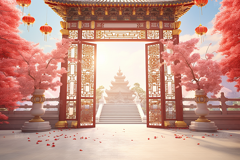 中式传统门楼火热国潮背景图