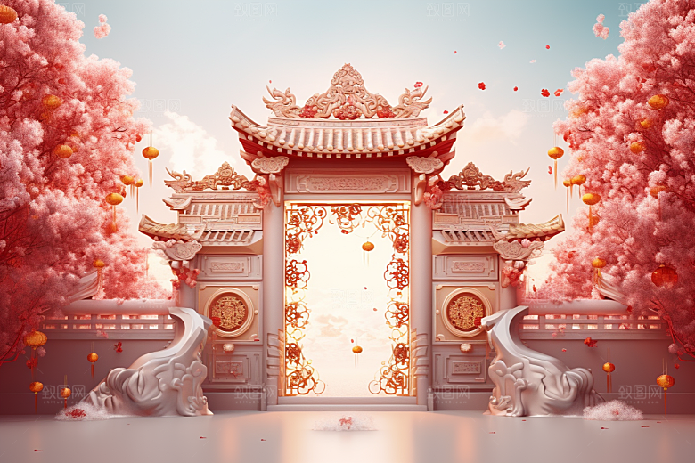 中式传统门楼直播火热背景图