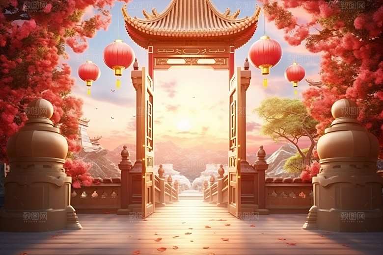 中式传统门楼促销喜庆背景图