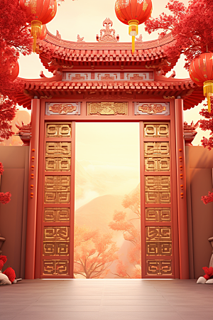 中式传统门楼开业喜庆背景图