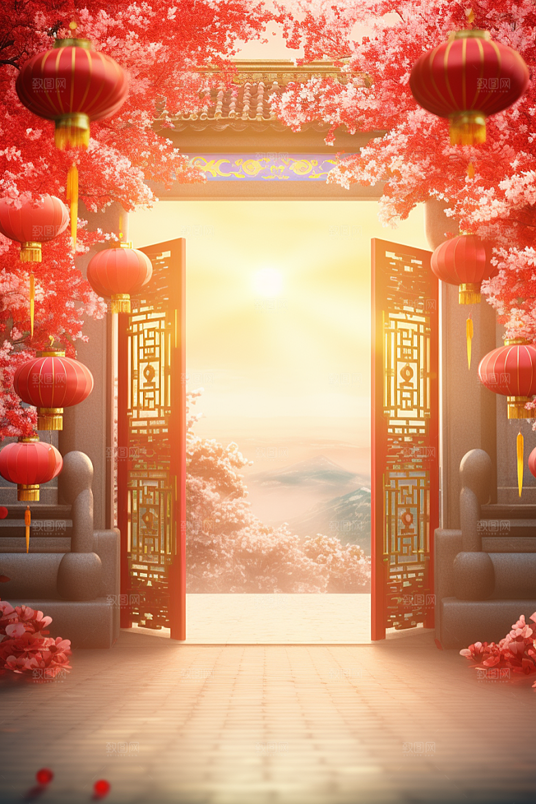 中式传统门楼国潮开门红背景图