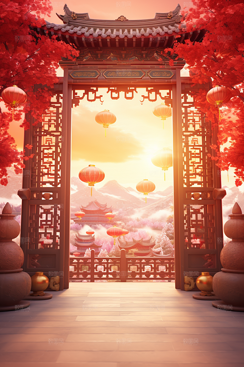 中式传统门楼喜庆热卖背景图