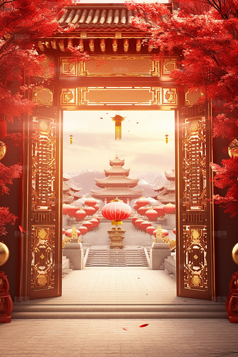 中式传统门楼开业大吉热卖背景图