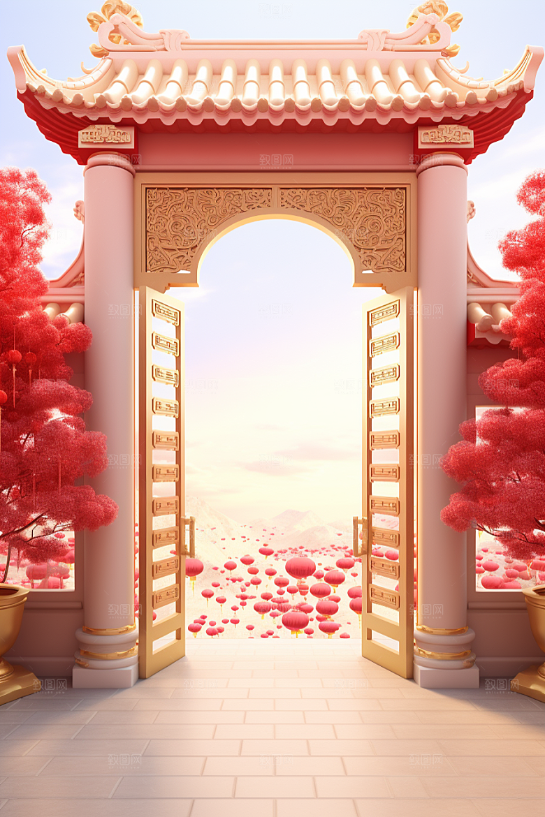 中式传统门楼直播促销背景图