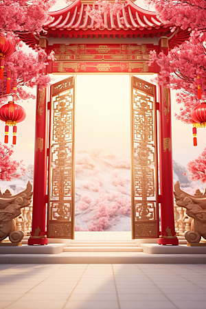 中式传统门楼促销火热背景图