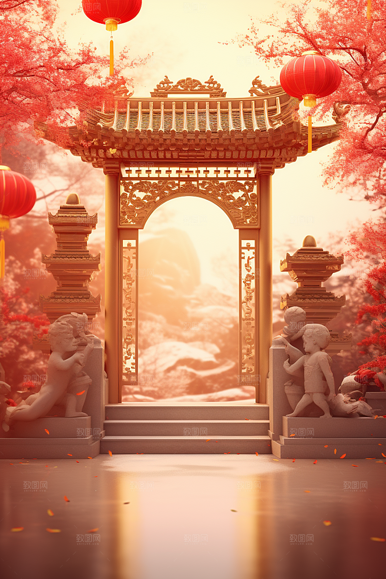 中式传统门楼热卖开业大吉背景图