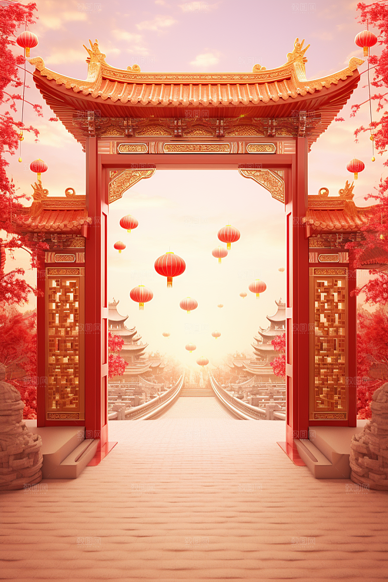 中式传统门楼开业促销背景图