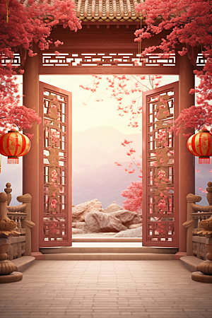 中式传统门楼国潮促销背景图