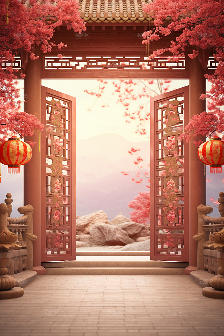 中式传统门楼国潮促销背景图