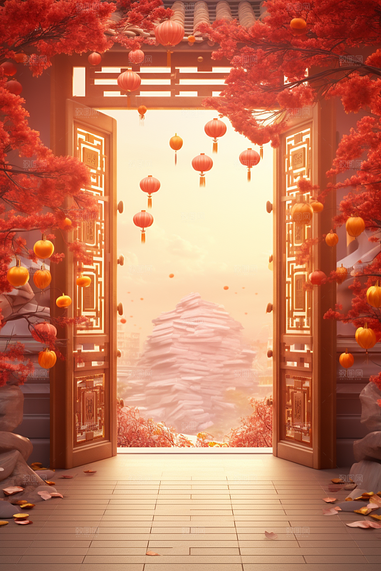 中式传统门楼国潮喜庆背景图