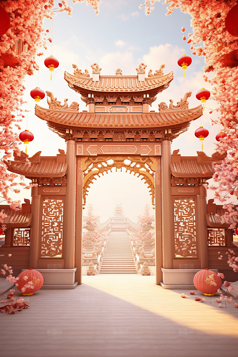 中式传统门楼开门红开业大吉背景图