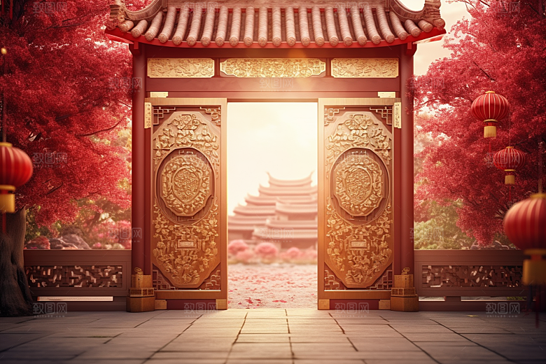 中式传统门楼火热中国风背景图