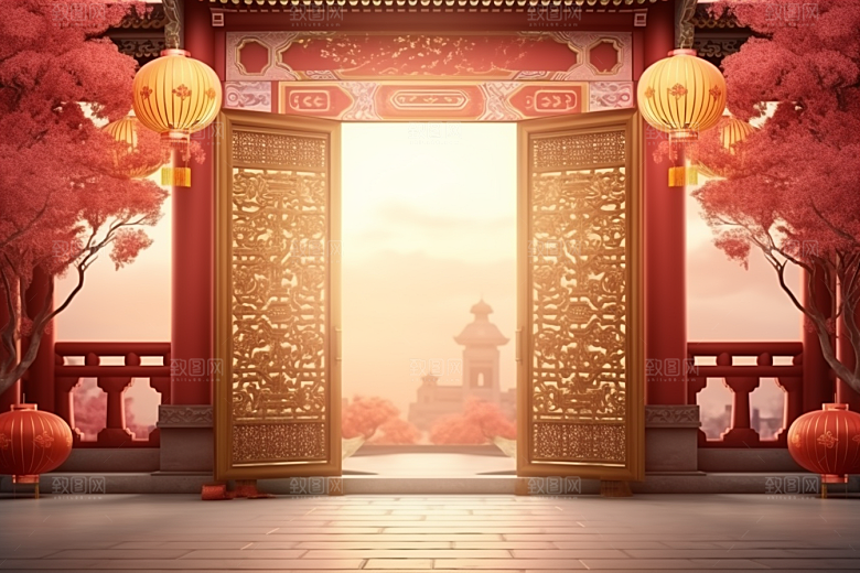 中式传统门楼开业喜庆背景图