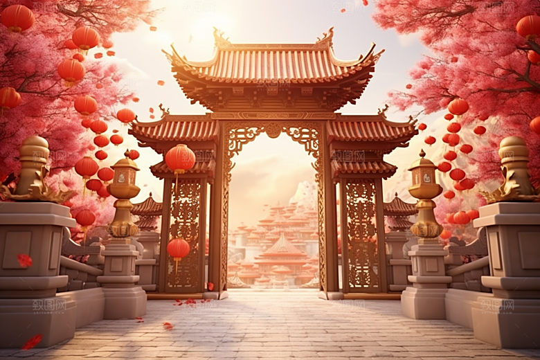 中式传统门楼直播国潮背景图
