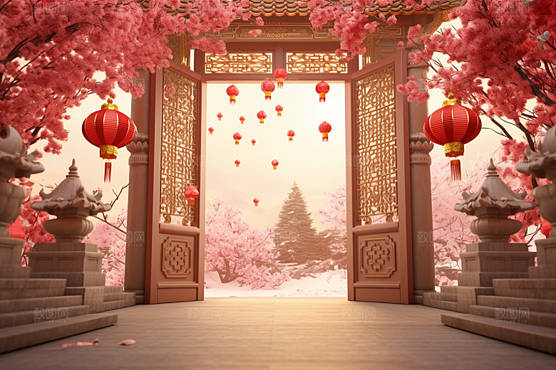 中式传统门楼热卖开业大吉背景图