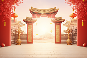 中式传统门楼促销直播背景图