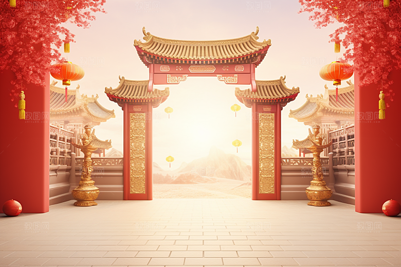 中式传统门楼促销直播背景图