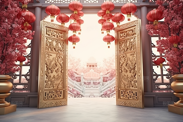 中式传统门楼开门红国潮背景图