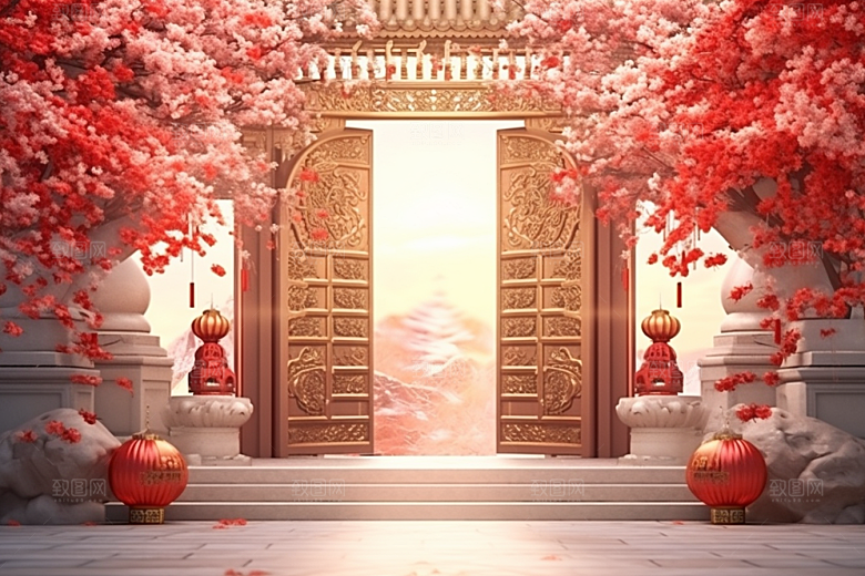 中式传统门楼喜庆开门红背景图